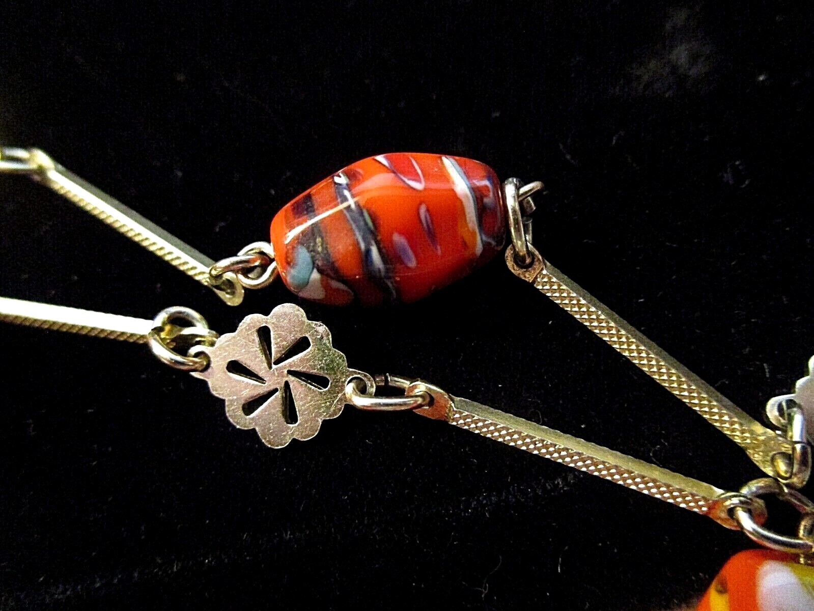 FAB VINTAGE Non-Identical ART GLASS NUGGET BEAD NECKLACE 1″ BAR LINKS + EARRINGS