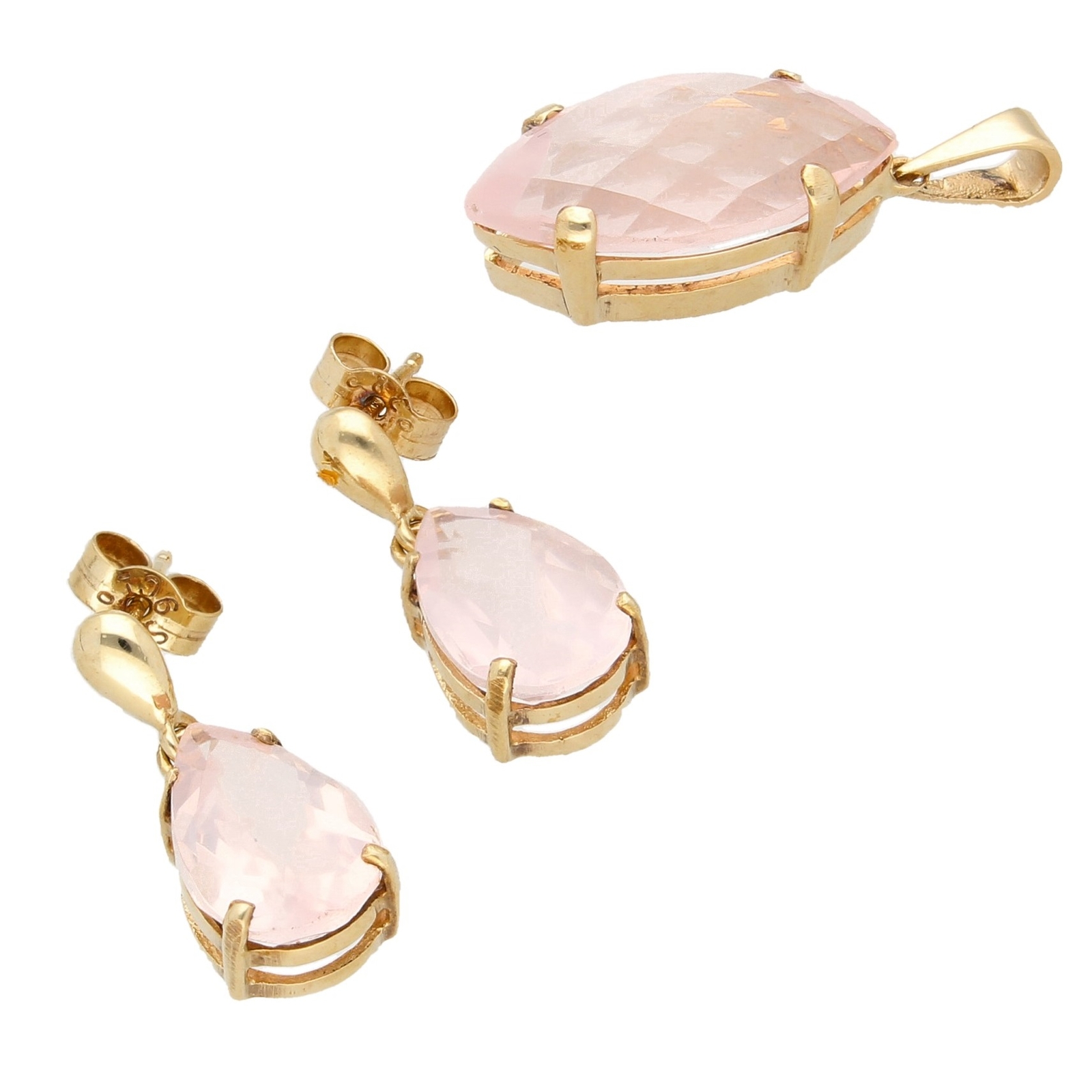 9Carat Yellow Gold Marquise & Pear Cut Rose Quartz Earrings & Pendant Set