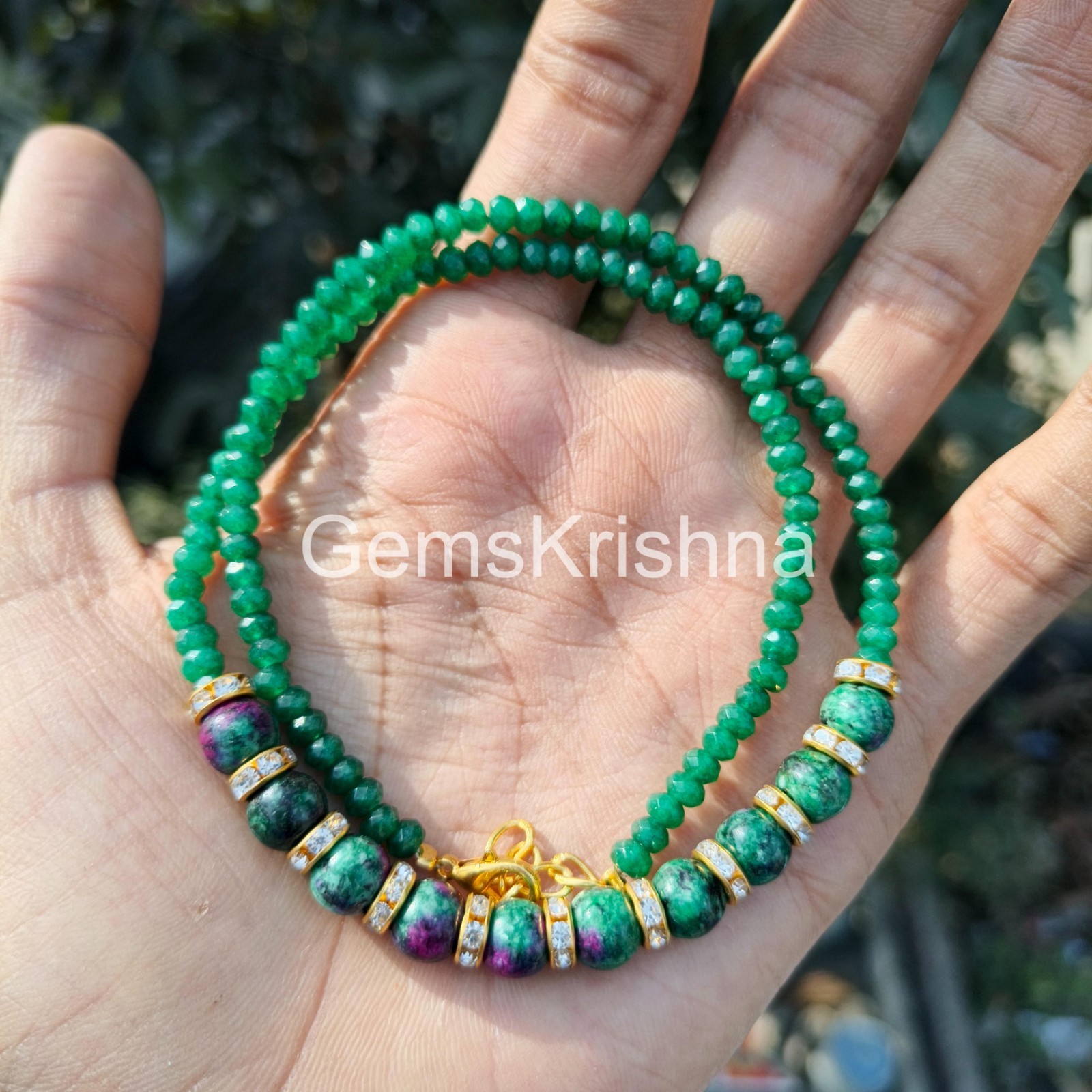 Green Jade Ruby Zoisite Necklace, Rondelle Beaded Gemstone Necklace, Handmade
