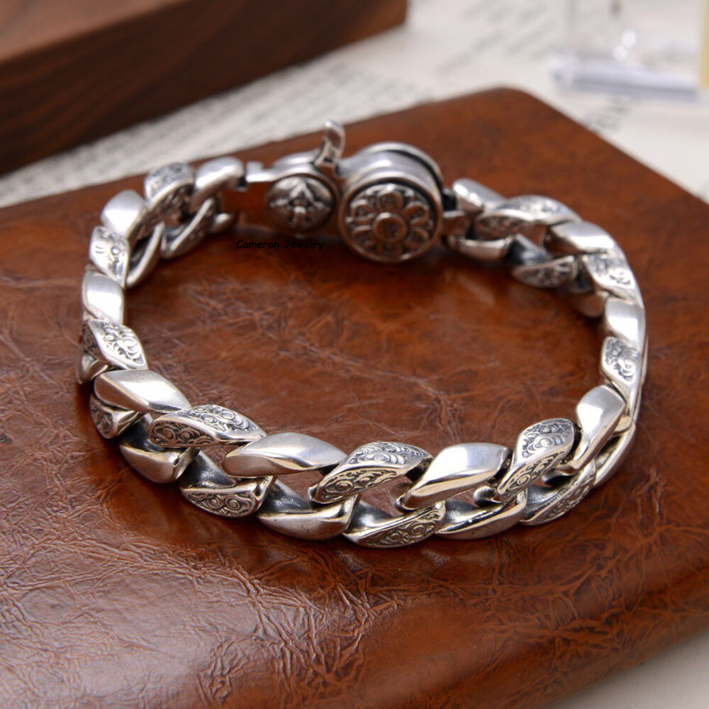 Pure S925 Sterling Silver Bracelet 11mm Vajra Six Words Curb Link Chain 7-8.7in