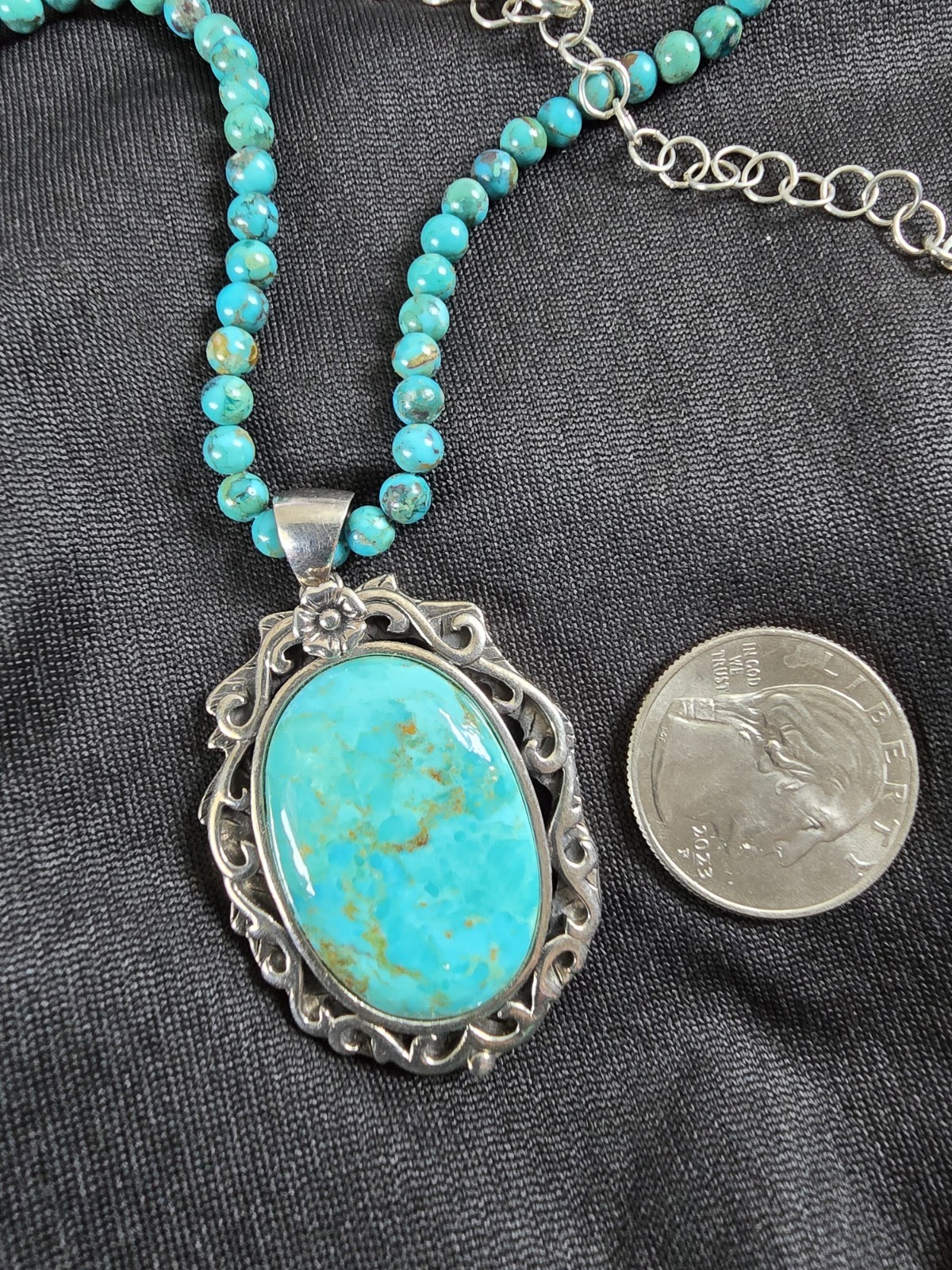 925 Sterling Silver Vintage Necklace Modernist Turquoise Beaded Chain NE4803