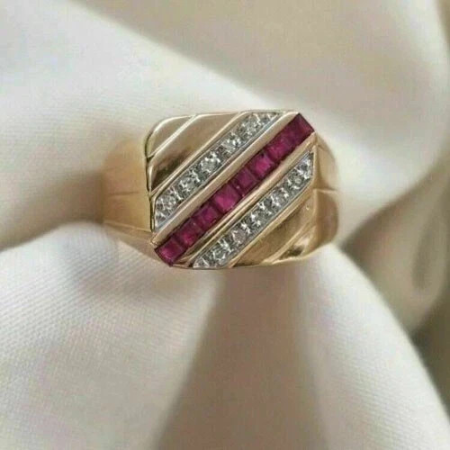Men’s Lab Created Princess Cut Ruby Diamond Ring 14k Yellow Gold Plated Silver