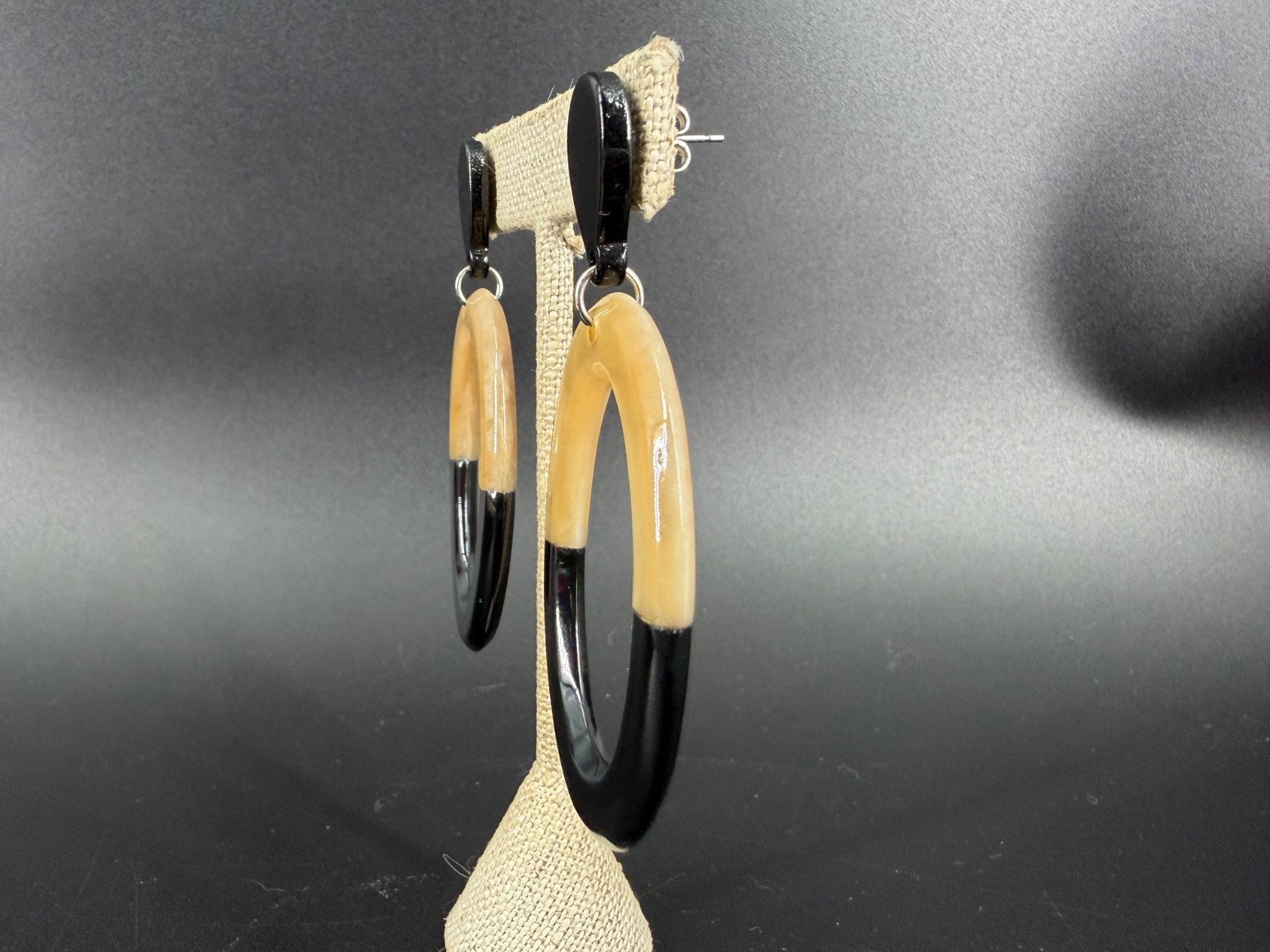 Mod Lucite Oval Dangle Earrings Black Cream Statement