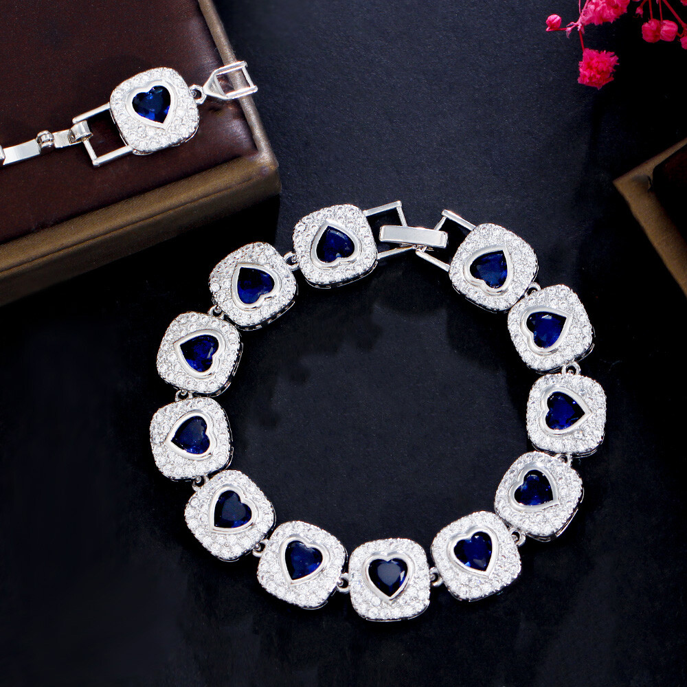 Women Lovely Silver Plated Pink Heart Cubic Zirconia Big Tennis Bracelet Wedding