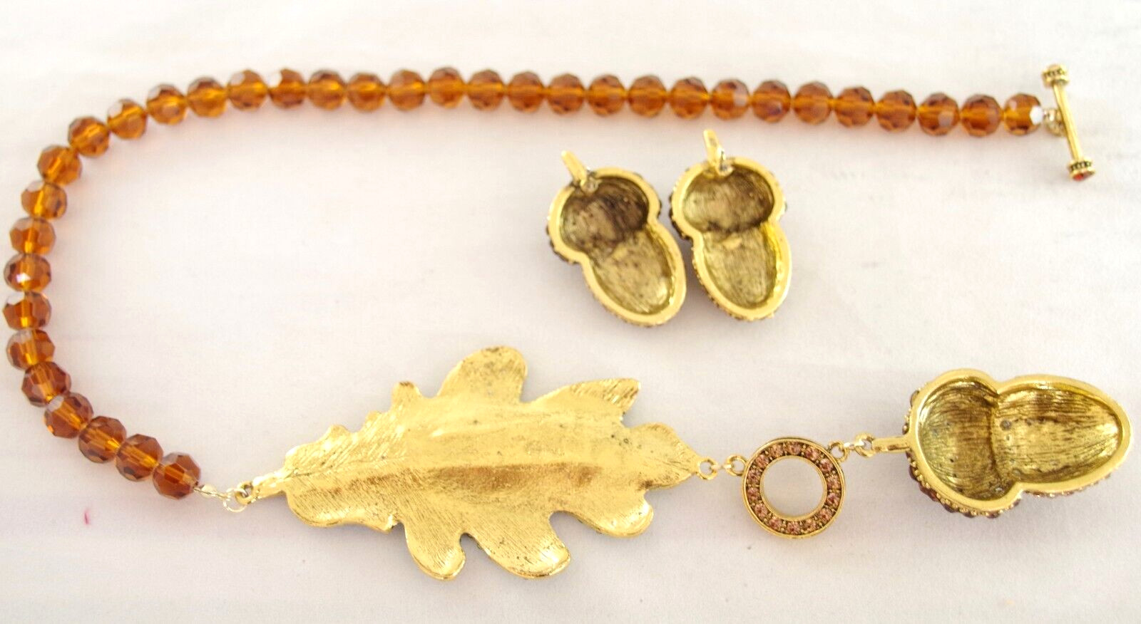 UNSIGNED HEIDI DAUS STYLE FALL AUTUMN LEAF ACORN CRYSTAL EARRINGS & NECKLACE SET