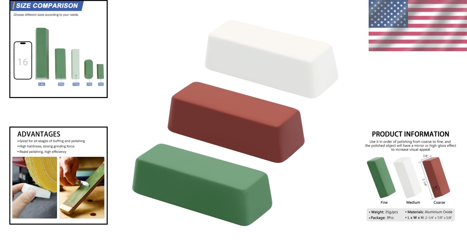 3 Pack of 4 Oz Buffing Compounds – Green Fine, White Medium, Red Coarse