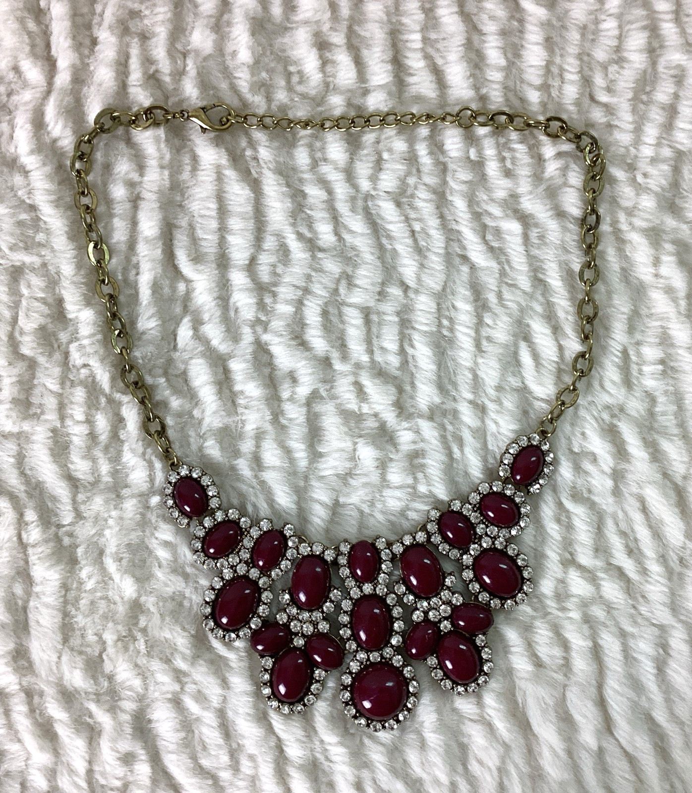 Vintage Burgundy Red Stone Diamonds Statement Necklace Costume Bling Glam Gold