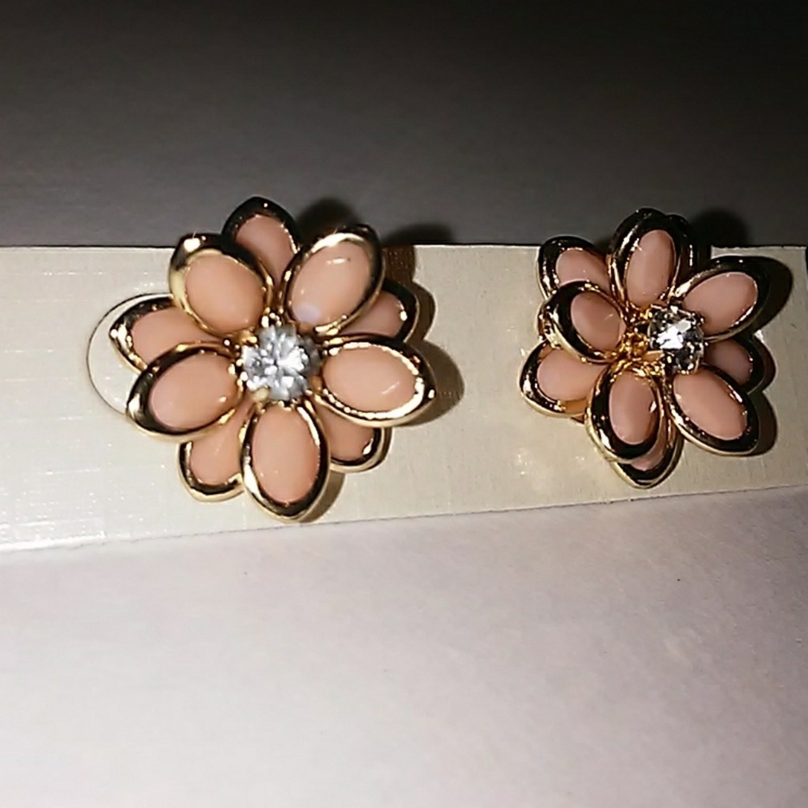 Camelia Flower Blossom Earrings Peach color Simulated Diamonds Fairygoth Wedding