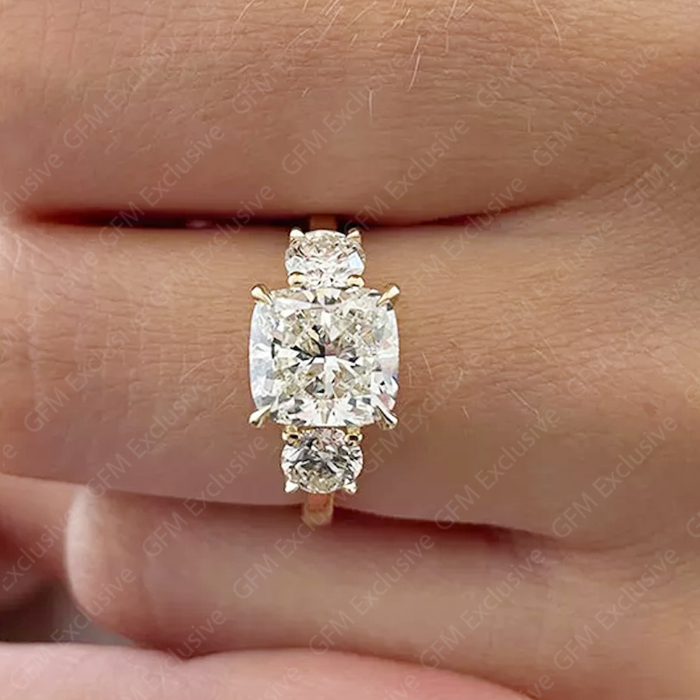4.76 TCW Cushion Cut Moissanite 3-Stone Engagement Ring In 14K Solid Yellow Gold