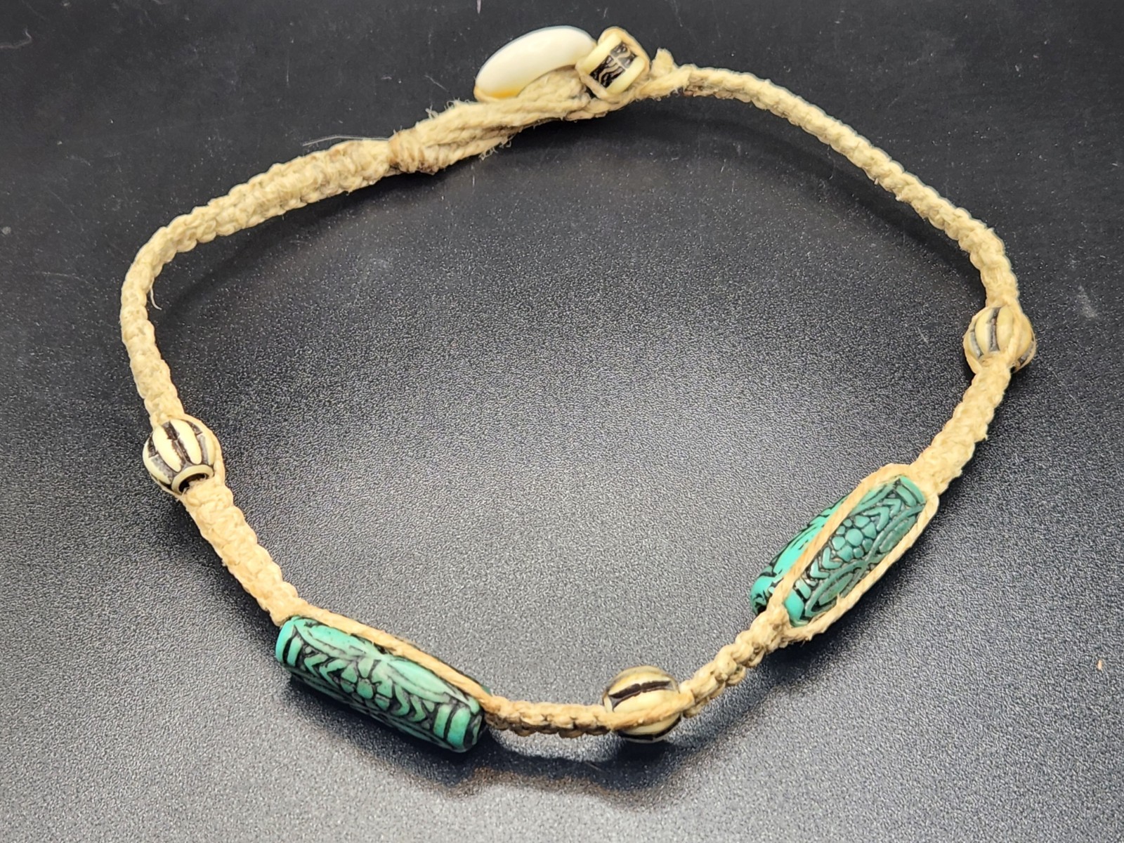#0404 – 12″ Boho Choker Necklace Hemp Cord Turquoise Color Beads Tribal Style