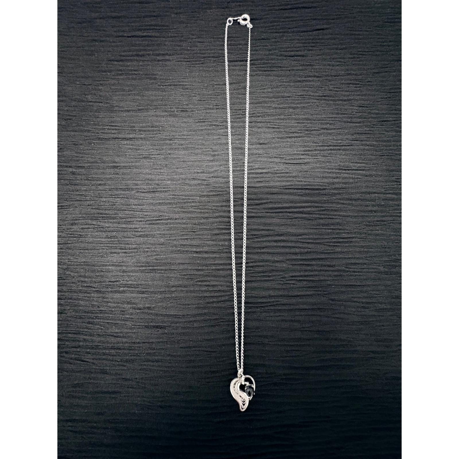 Vintage Coro Sterling Silver Filigree Heart Pendant Necklace Black Bead 15.5in