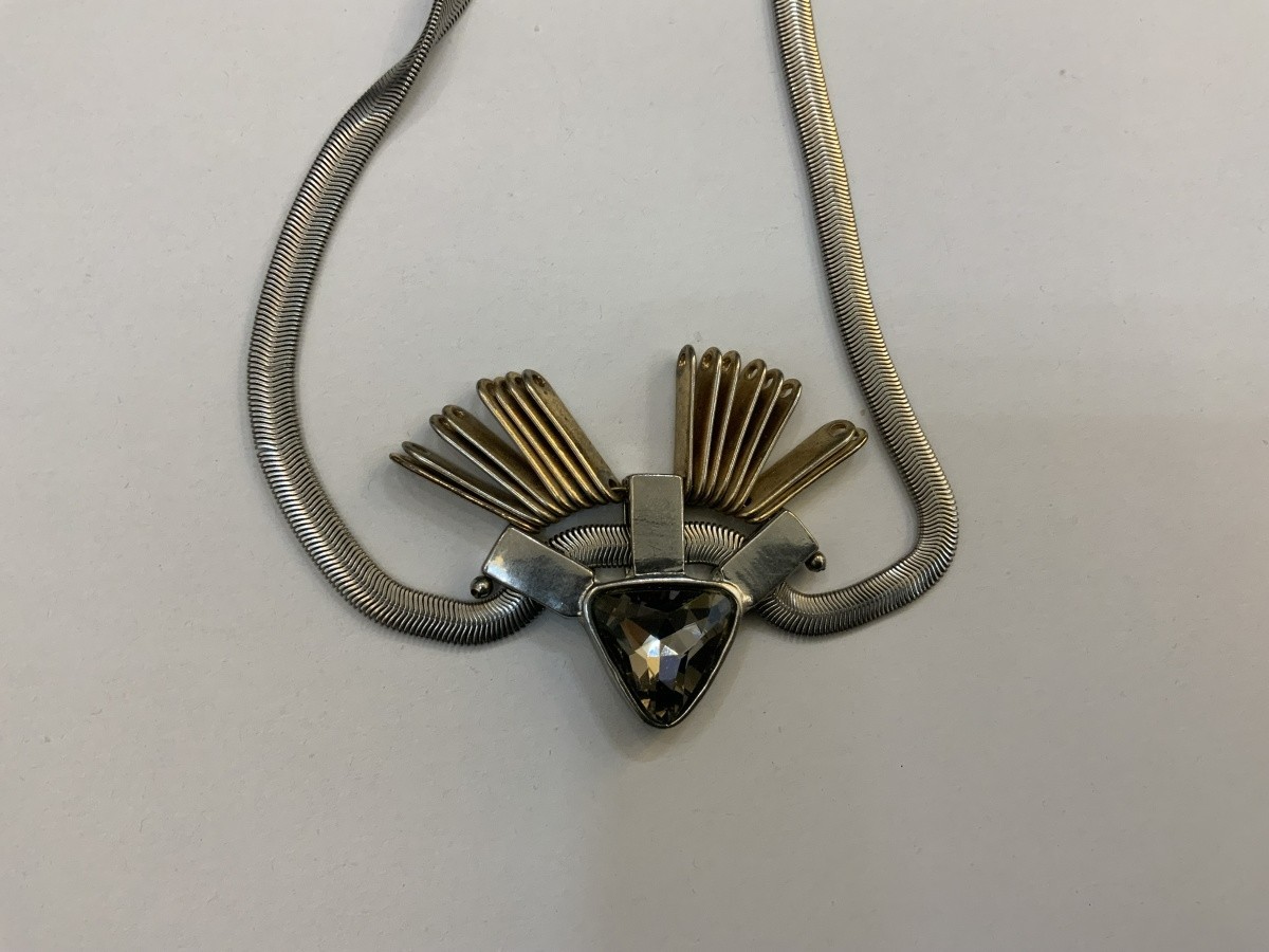 Vintage Geometric Statement Necklace Two-Tone Silver and Gold Metal with Triangl
