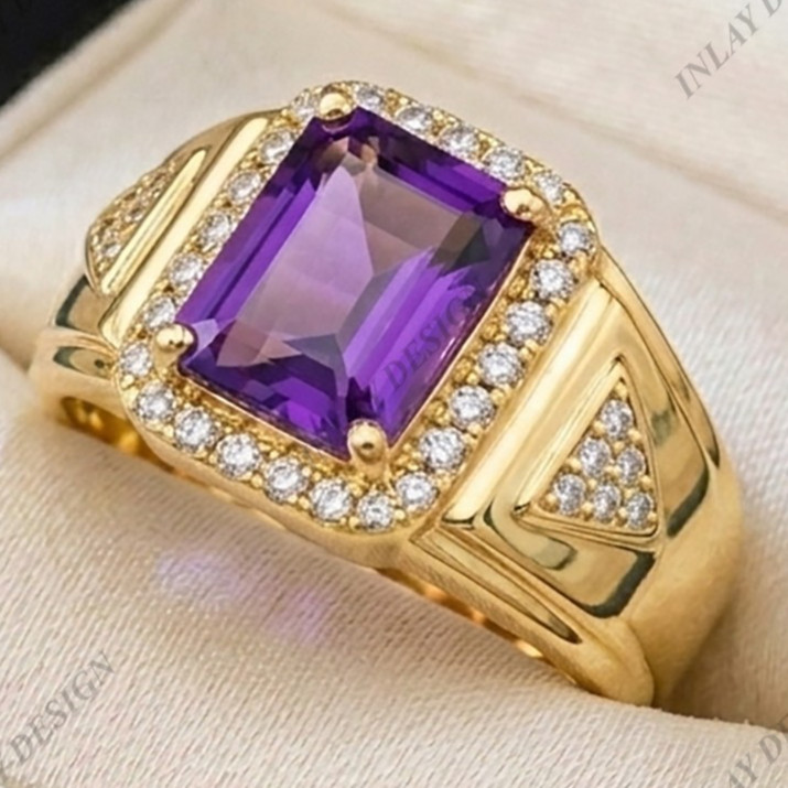 Men’s 925 Silver Signet Ring Purple Natural Amethyst Emerald Cut Shape Gemstone