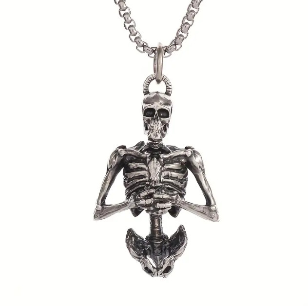 New Gothic Biker Half Body Skull Pendant Necklace Stainless Steel Chain Cross