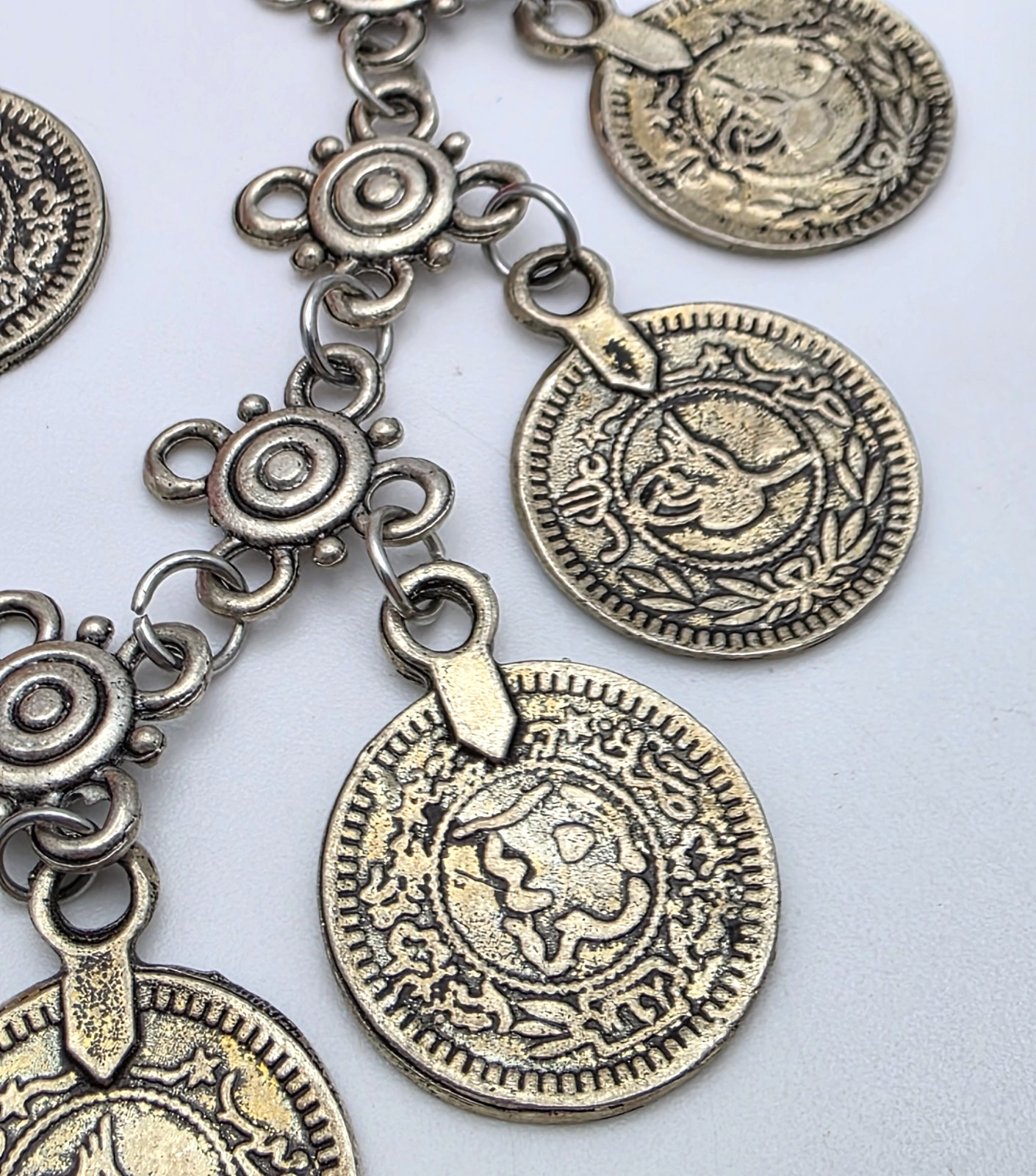 Boho Ottoman Style Coin Charm Bracelet Silver Tone Dangle 7 To 9.5 In Adjustable