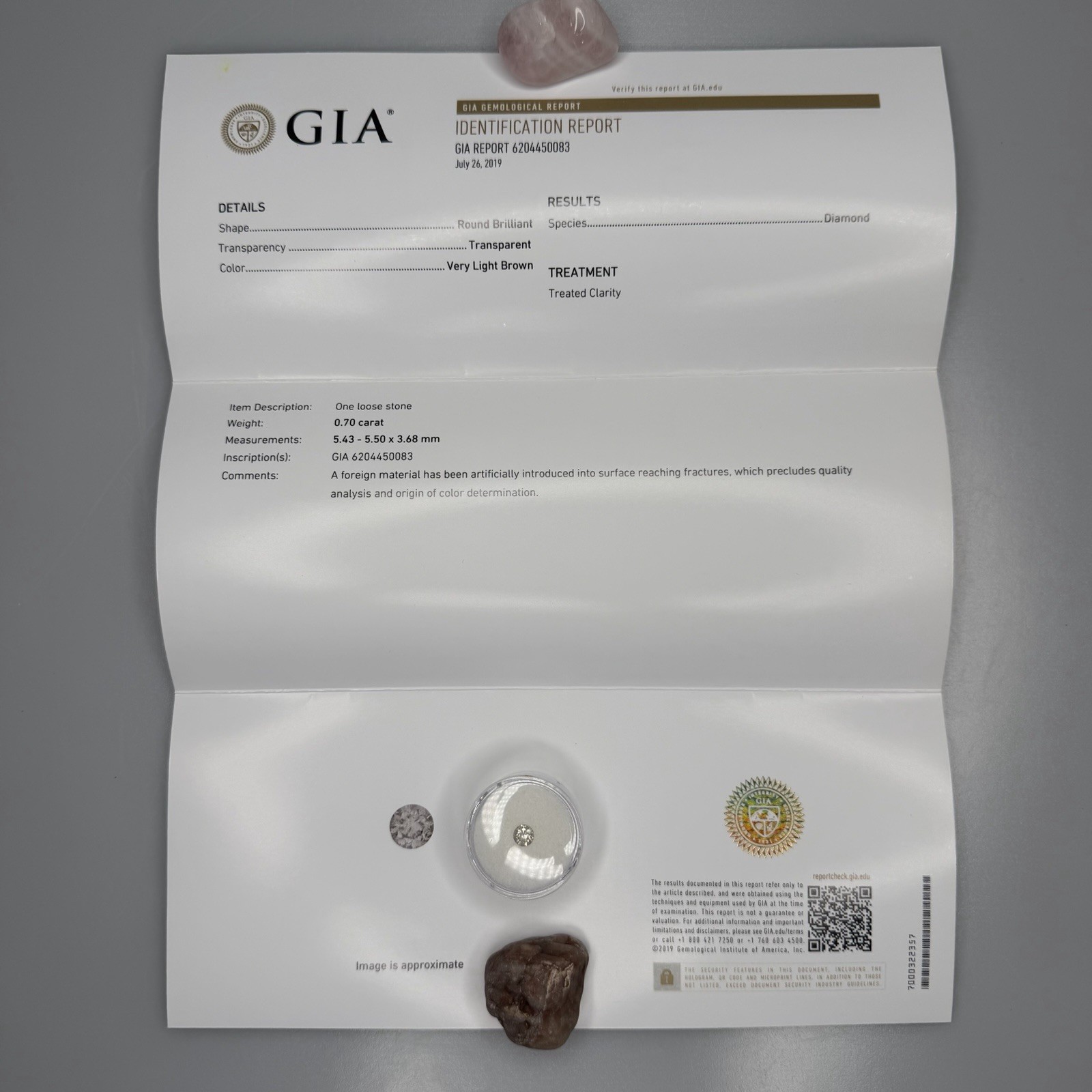 0.7ct GIA Natural Certified Diamond Treated Clarity Round 5.43-3.68mm