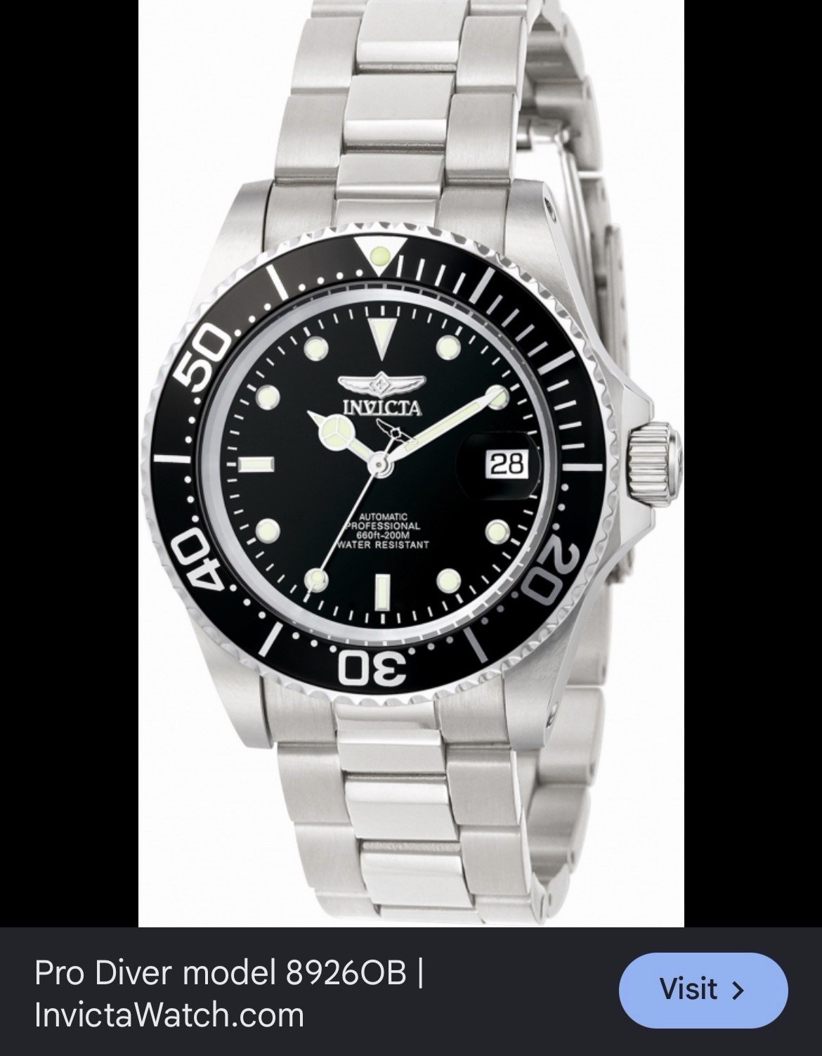Invicta Pro Diver Men’s Automatic Date 40mm 200m Black Dial Silver Bracelet Box