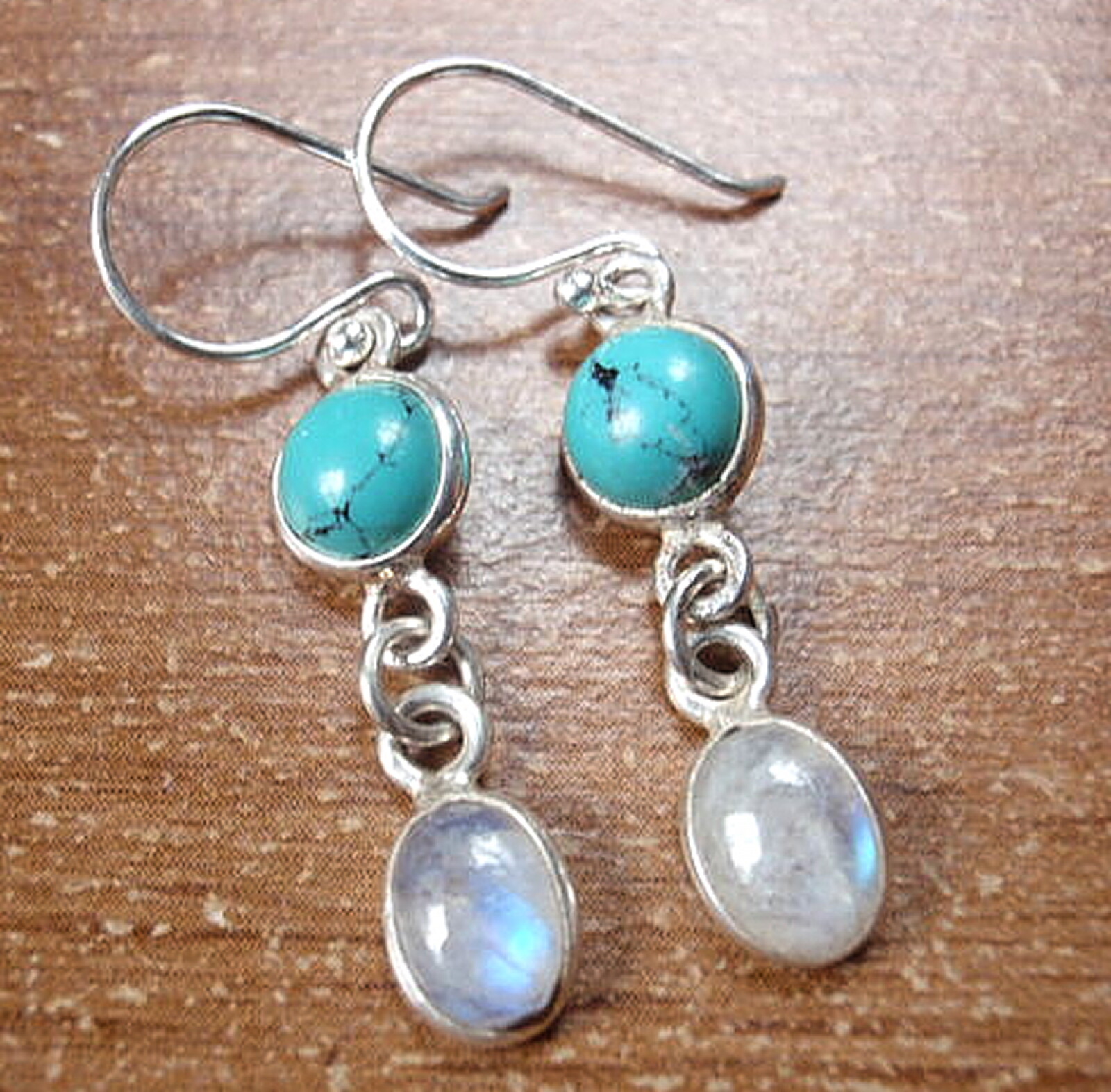 Turquoise and Moonstone Double-Gem 925 Sterling Silver Dangle Earrings b43