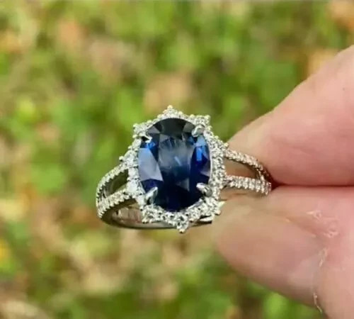 4.60 Ct Oval Natural Sapphire & Diamond Wedding Ring 14K White Gold Size 6
