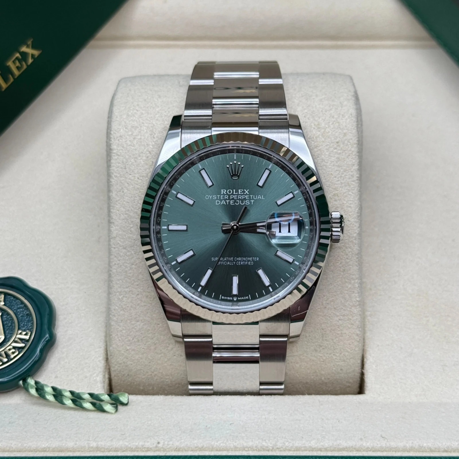 2026 New, unworn Rolex Datejust 36mm Fluted Bezel, Mint Green Dial. Ref. 126234