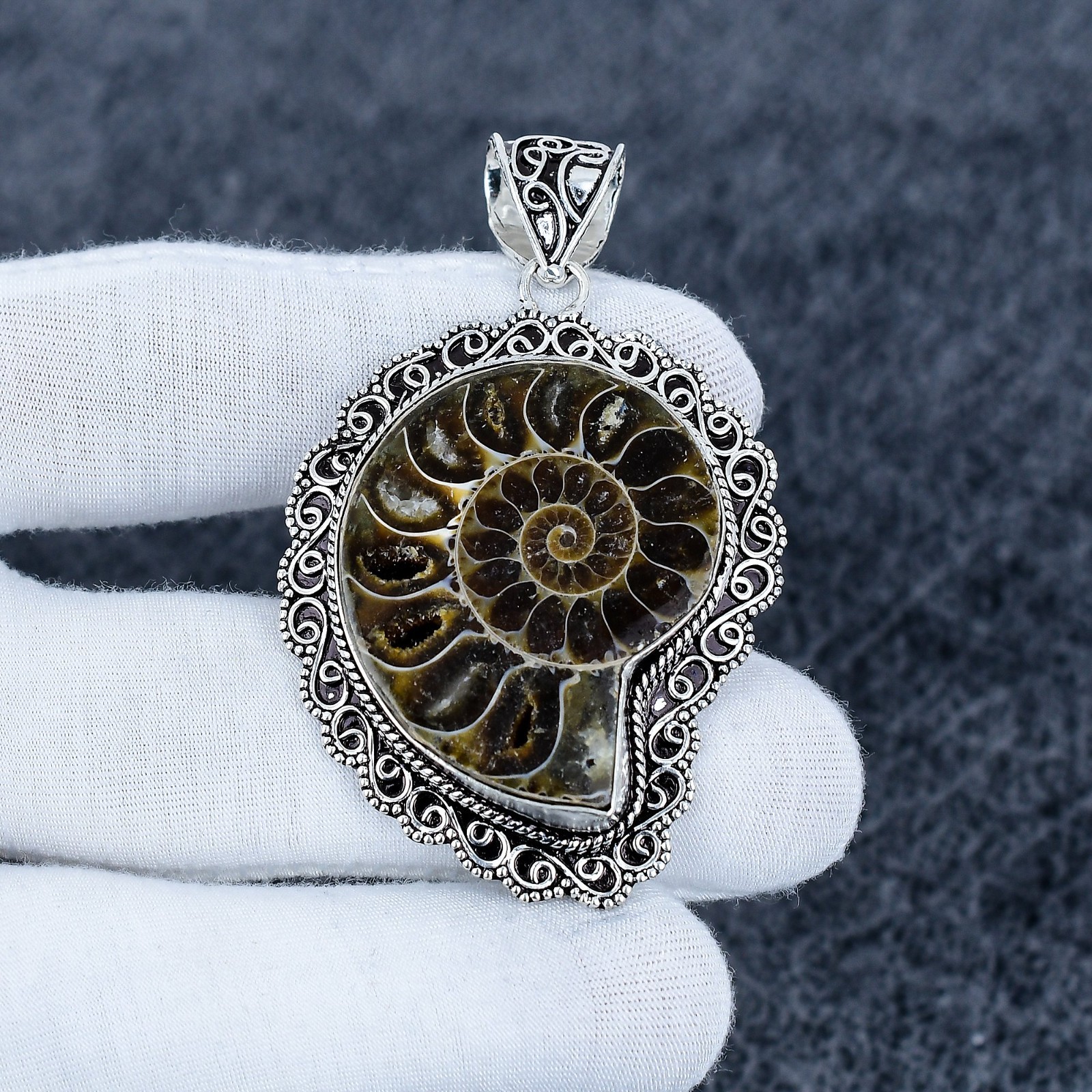 Ammonite Fossil Gemstone Pendant, 925 Sterling Silver Handmade Jewelry, Gift
