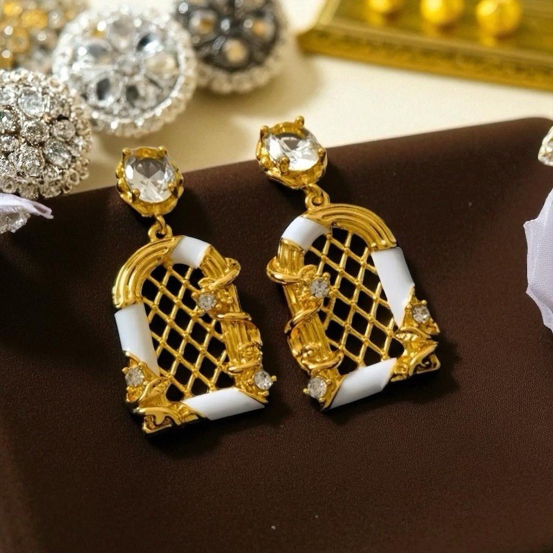 Museum Lattice Revival Antique Earrings Arch Window Court Palace Gold Art CZ VTG