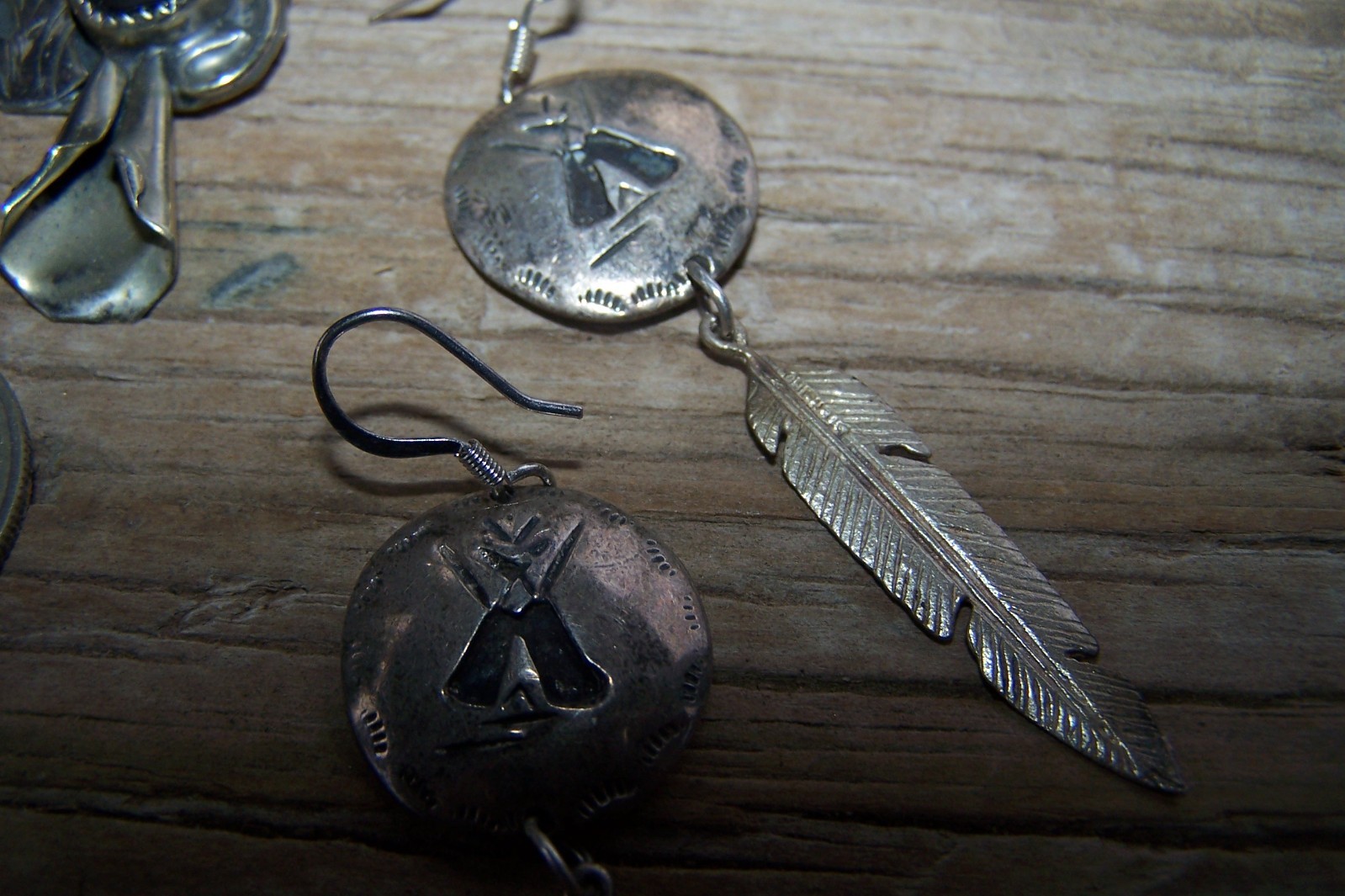 Southwestern Nickle Silver Stone Fetish Feather Squash Blossom Earrings Lot of 6
