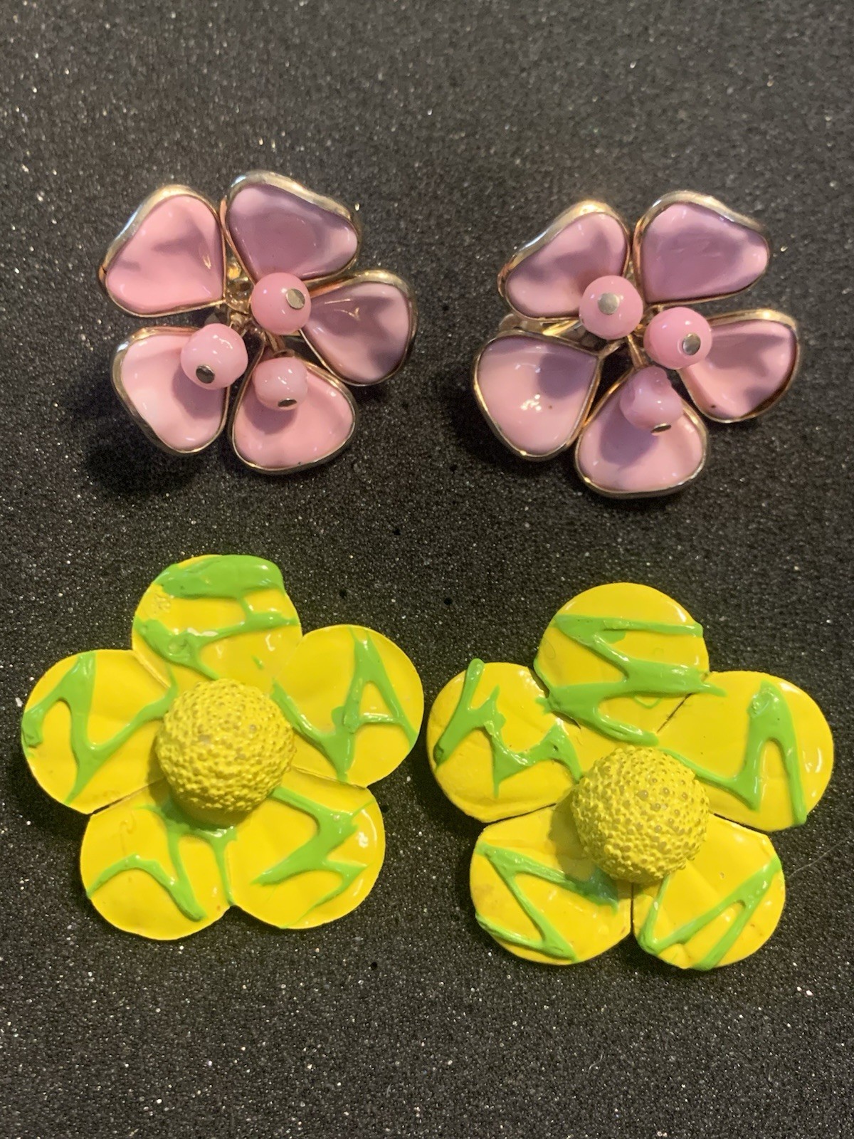 Vintage 2 Pairs Enamel Clip Earrings Japan Yellow/Green & Unsigned Pink Flowers