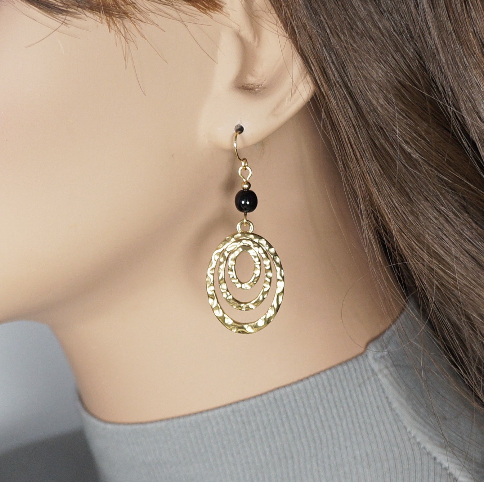 Gold or Silver Oval Hammered Drops with Black Beads Earrings, Hypoallergenic