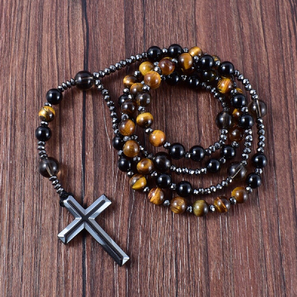 Natural Obsidian Tiger’s Eye Cross Pendant Necklace for Anxiety Stress Relief
