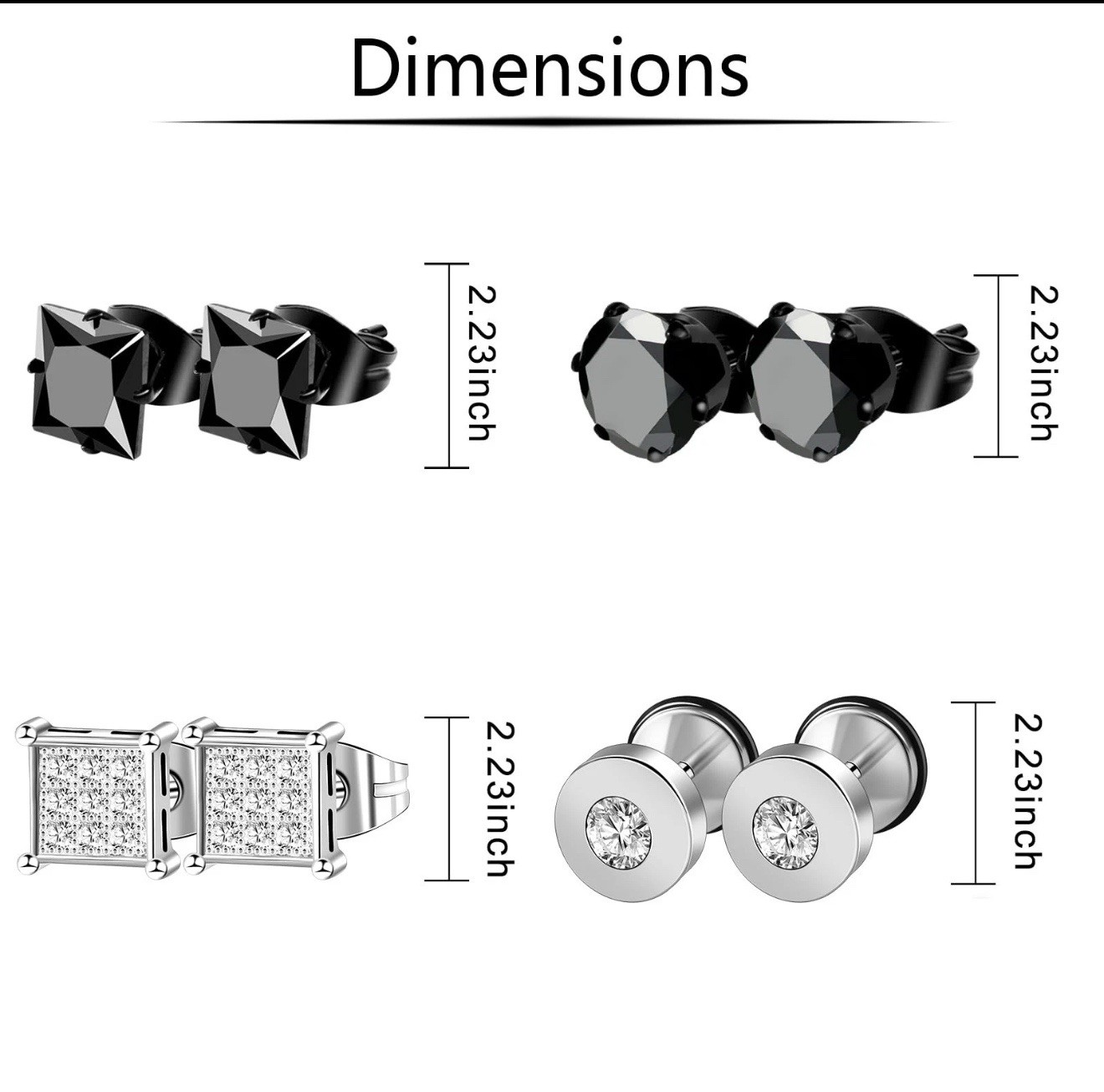 Mens Earrings Set Stainless Steel 15 Pairs CZ Black Silver Gold