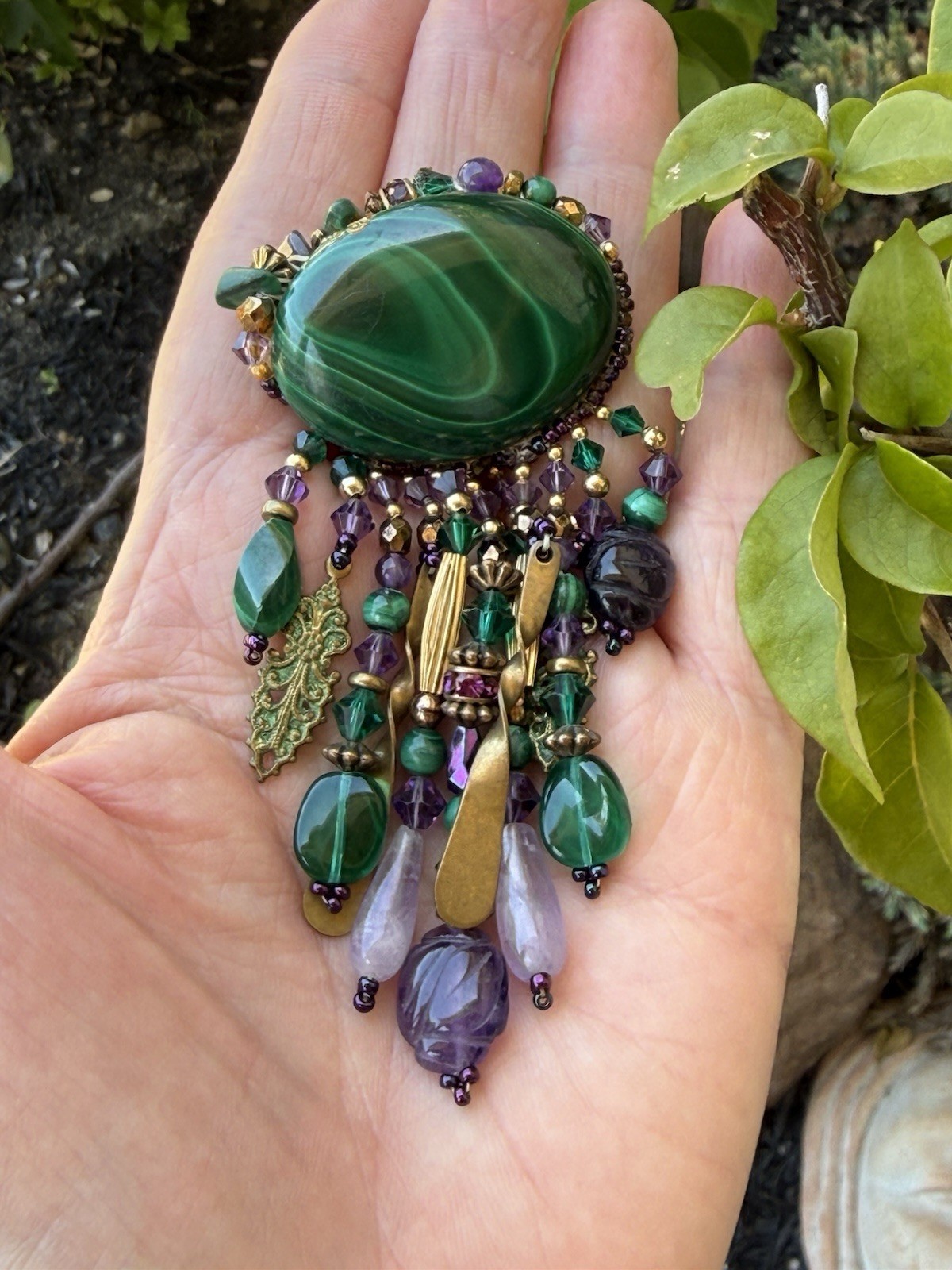 VTG Boutique Artisan Fringe Malachite & Amethyst Gem Dangles Crystal Pin Brooch