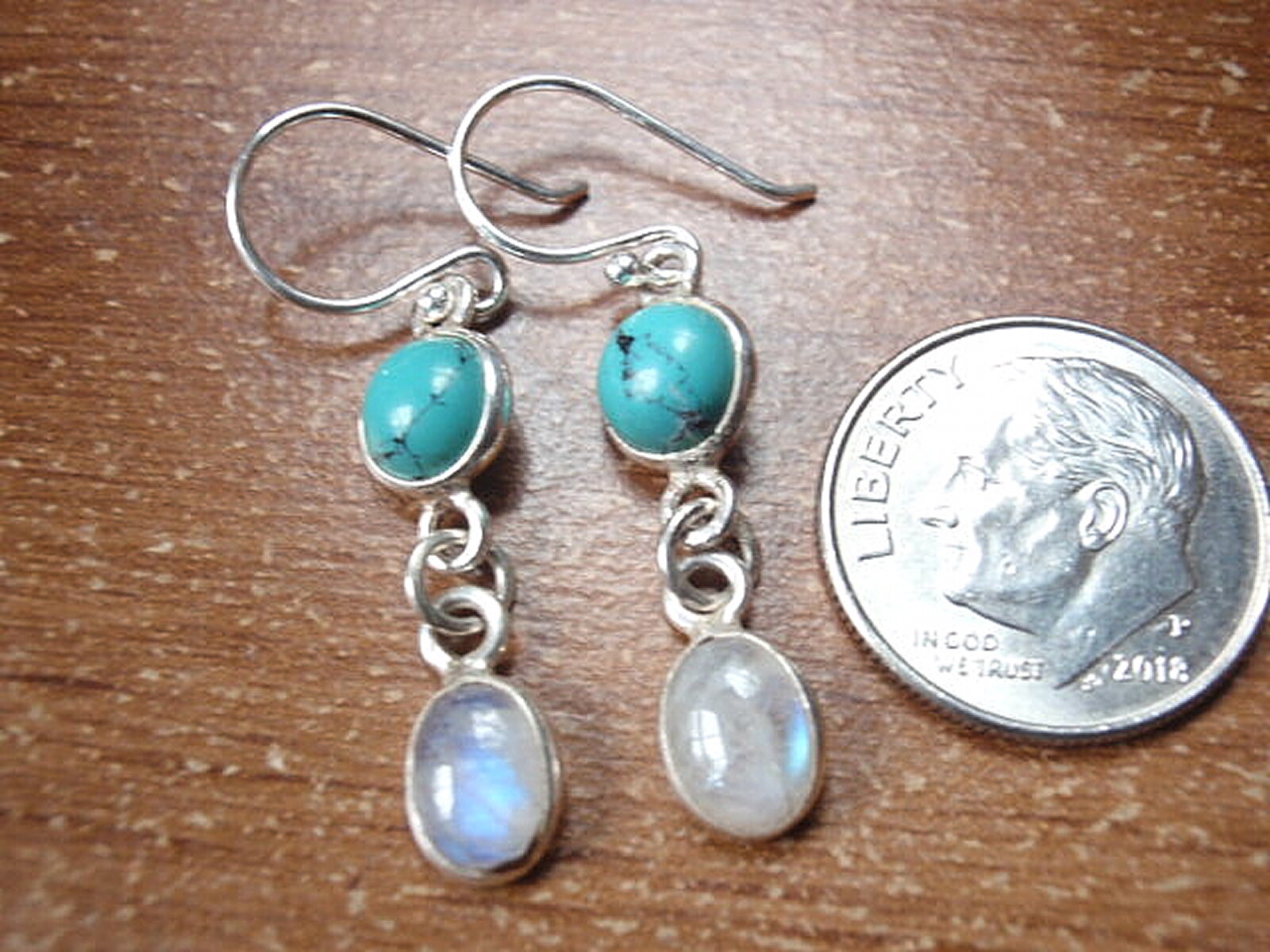 Turquoise and Moonstone Double-Gem 925 Sterling Silver Dangle Earrings b43