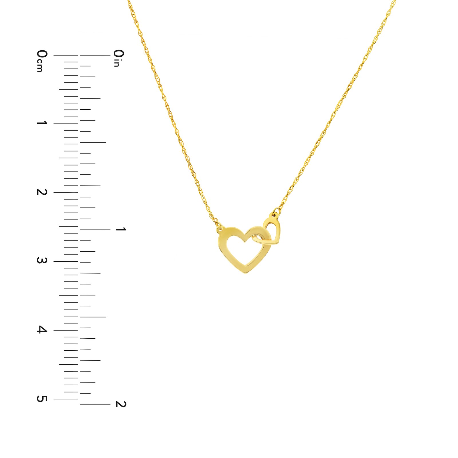 Interlocked Hearts Adjustable Chain Necklace Real 14K Yellow Gold Up to 18″