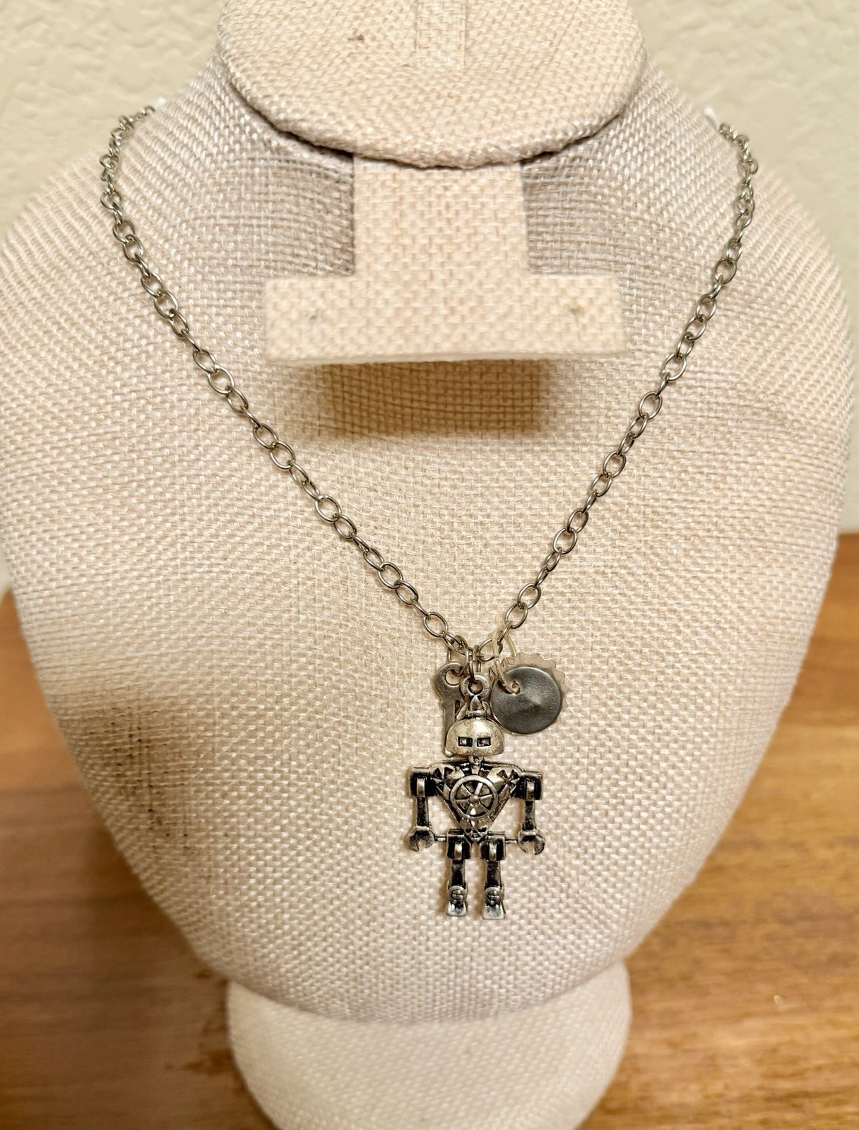 Vintage Articulated Robot Charm Necklace Silvertone Key & Bottle cap
