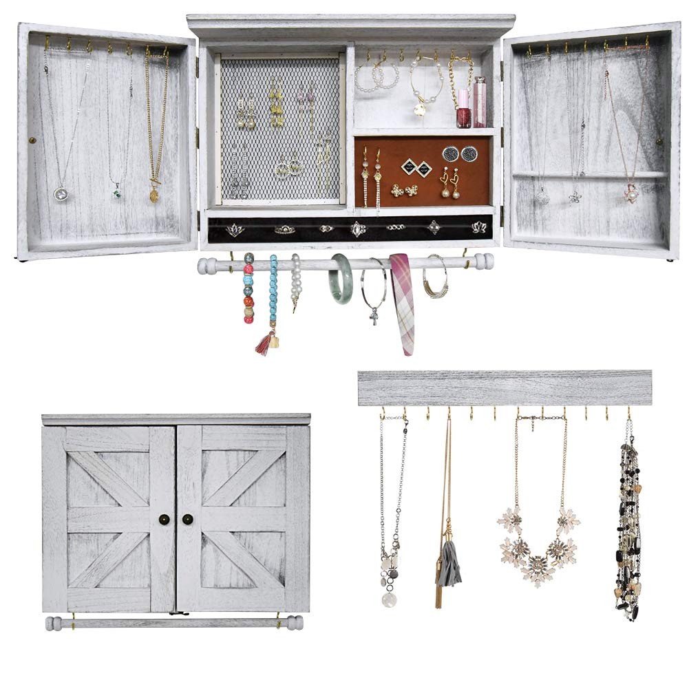 MULIFEE Rustic Wall Mounted Jewelry Organizer,Vintage Wooden Hanging WHITE