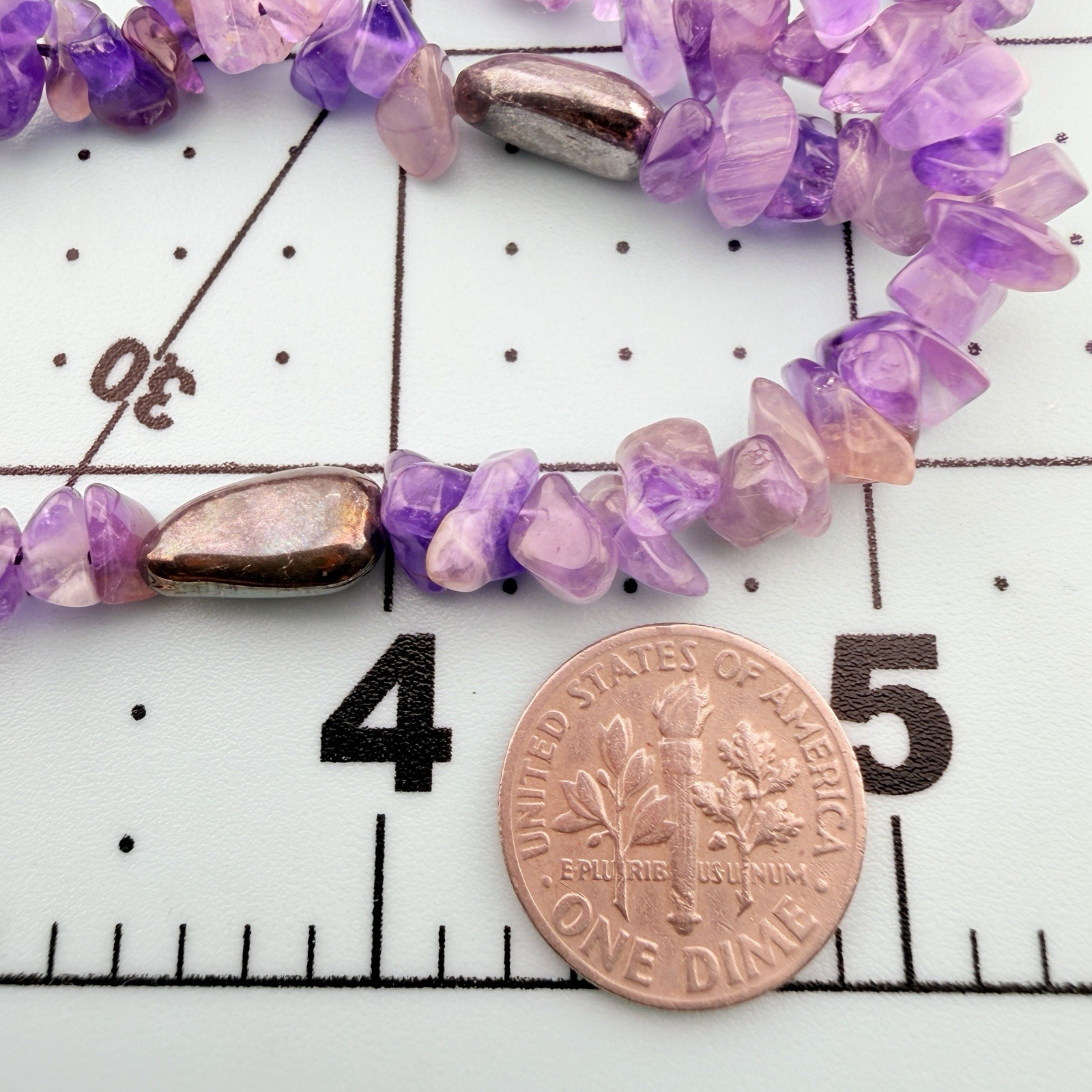 Amethyst Chip Necklace 39.5” Long Strand Hematite Beads 925 Sterling Clasp