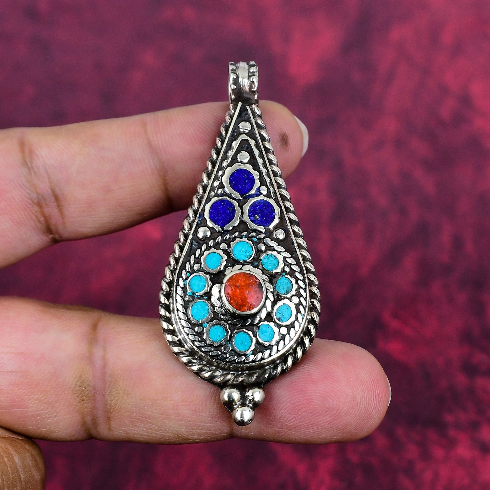 Turquoise, Coral Gemstone Handmade Jewelry 925 Sterling Silver Nepali Pendant