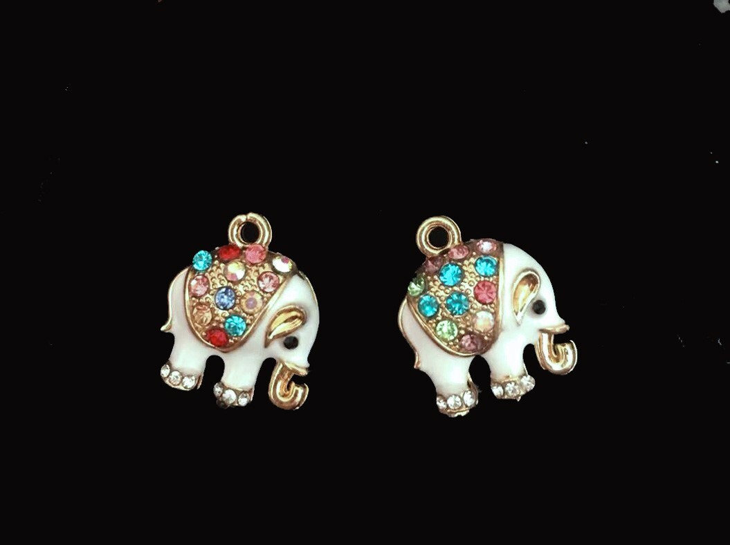 2 Elephant Goldplated Enamel Metal and Multi-Colored Rhinestones Pendant Charms