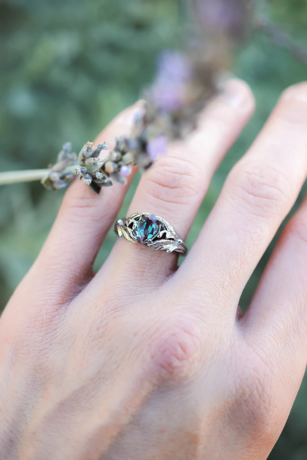 Alexandrite ring, engagement ring, 925 Sterling Silver, leaves Shape ring
