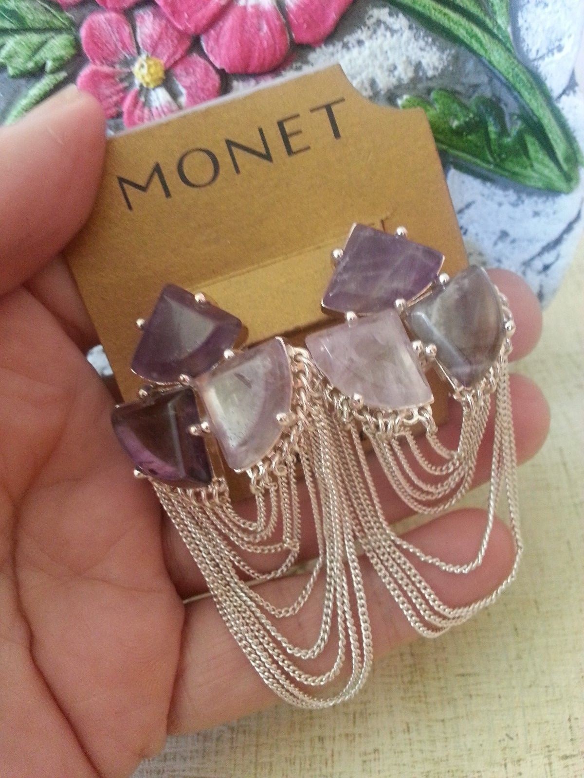 Monet Silver Plated Chain Swag & Three Triangle Amethyst Stones Pierced E’rings