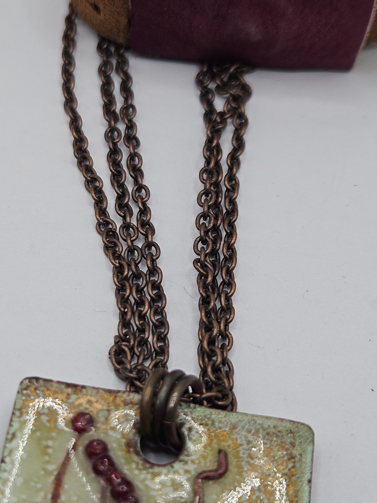 Artisan Modernist Enamel Metal Pendant Suede Leather Necklace 18″