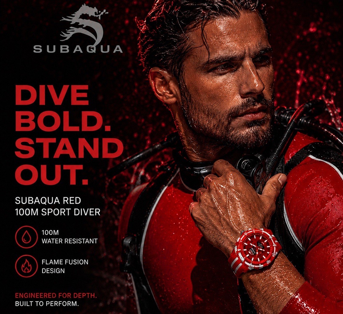 SUBAQUA RED Sport Diver 100M Mens Diving Watch Flame Fusion Quartz 44mm 🇺🇸