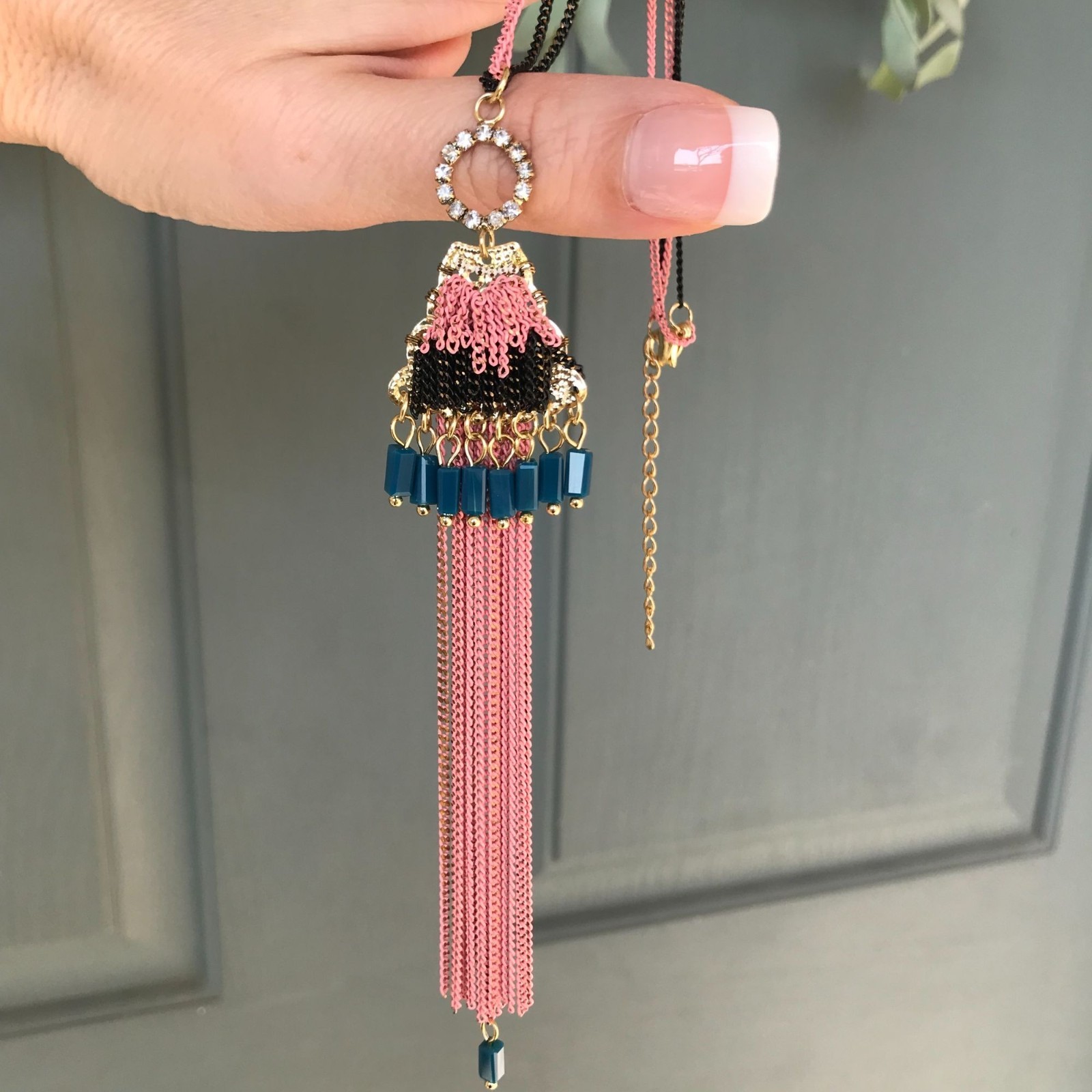 NWT Anthropologie Boho Festival Jewelry Pink Long Beaded Chain Tassel Necklace