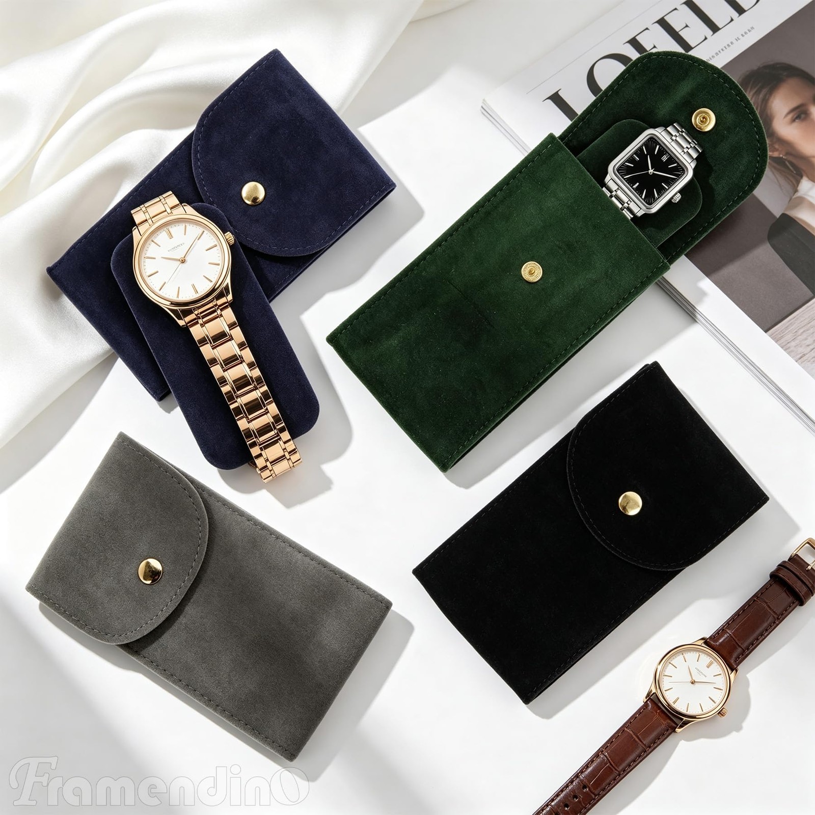 Framendino, 4 Pack Velvet Watch Pouch with Snap Button 4 Pack, Multicolor