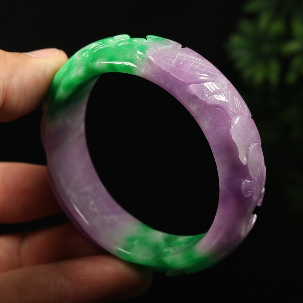 55mm Lavender Purple Green Jadeite Jade Bangle Bracelet Ruyi Fish Lotus A-14535