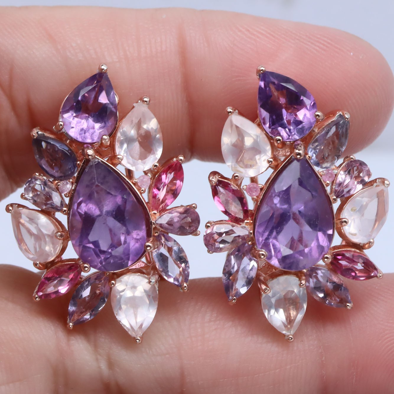 925 Sterling Silver Purple Amethyst, Quartz, Topaz, Iolite, Sapphire Earrings