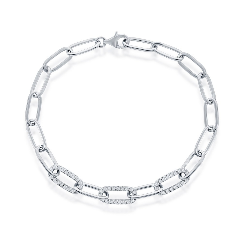 Sterling Silver Sparkling CZ Paperclip Bracelet Rhodium Plated Style T-8028