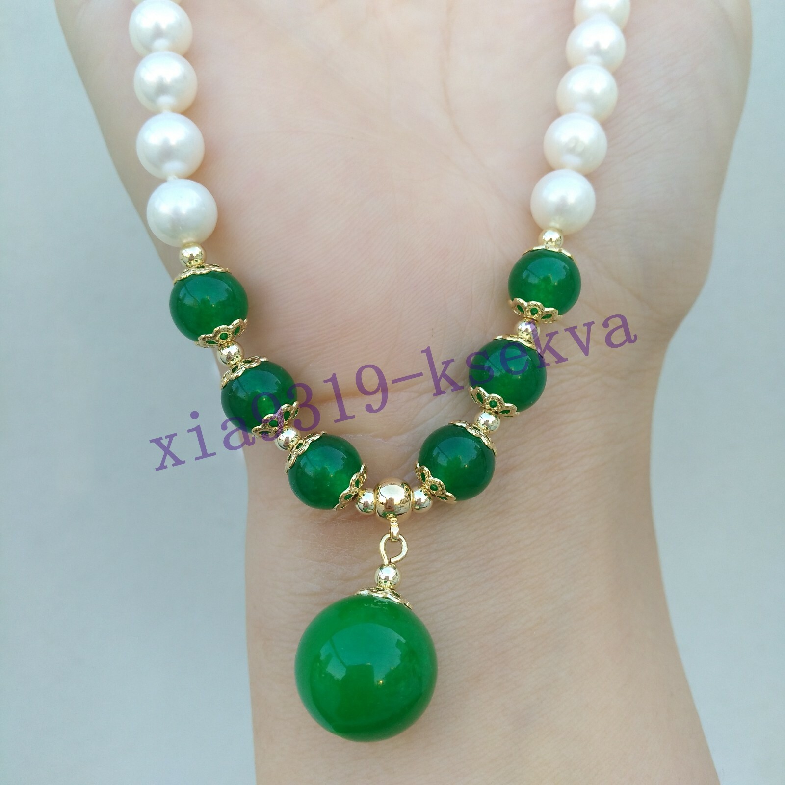 18in Pretty Akoya Round White Pearl + green jade Necklace Pendant 14k Gold P