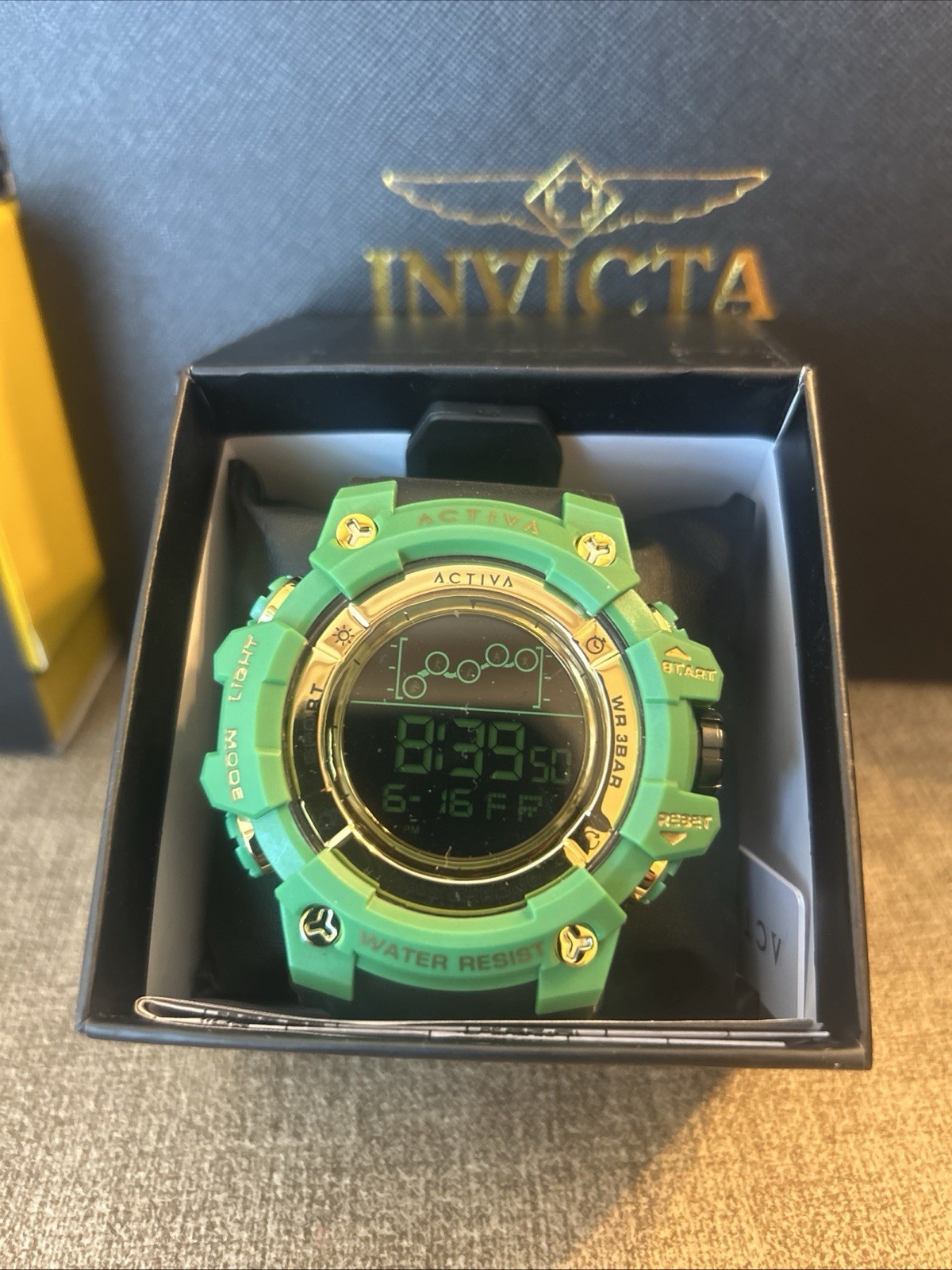 Invicta Activa Men’s Digital Quartz Sport Green/Gold Black Rubber Strap w/ Box